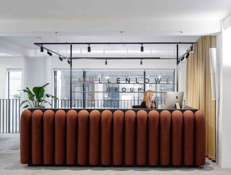 MullenLowe Group's new airy reception and cafe - Workplace | Design | Architecture Agile Workspace, Custom Reception Desk, Stage Curtains, Booth Seating, Reception Design, Cube Design, Workplace Design, Bar Seating, Interior Architect