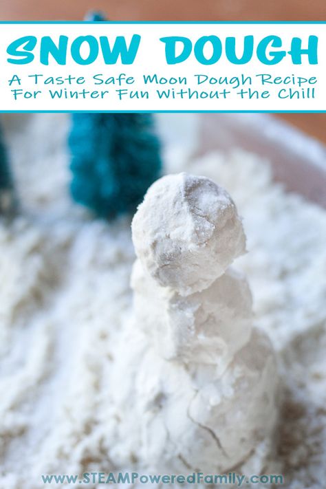 This Snow Dough recipe (also known as Cloud Dough) is a great way to keep kids busy having fun building snowmen but without the chilly fingers. Spend some time inside the warmth this winter exploring an amazing, silky snow dough recipe that will have kids asking to build a snowman over and over again! A wonderful sensory experience using items from the pantry for a taste safe recipe. Try this recipe! #SnowDough #CloudDough #BuildASnowman #Winter #Sensory #WinterActivities How To Make Snow Dough, Taste Safe Snow Sensory, Taste Safe Fake Snow, How To Make Edible Snow, Snow Recipes For Kids, Sensory Snow Recipe, Snowman Activities Preschool, Moon Dough Recipe, Snow Dough Recipe