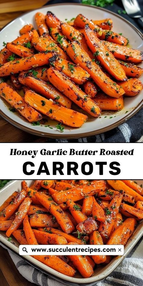 Enjoy Crispy Honey Garlic Butter Roasted Carrots ready in just 30 minutes! These tender, sweet carrots are coated in a delicious garlic butter sauce that pairs perfectly with any main dish. Thanksgiving Carrot Recipe, Baked Carrots Recipe, Butter Roasted Carrots, Healthy Thanksgiving Dinner, Carrot Recipes Side Dishes, Thanksgiving Vegetables Side Dishes, Thanksgiving Veggies, Thanksgiving Vegetable Sides, Sweet Carrots