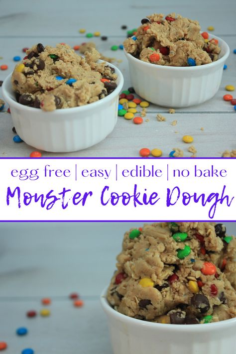 Quick and easy edible monster cookie dough.   A fun egg free, edible, monster cookie dough to make with your kids. Edible Monster Cookie Dough, Monster Cookie Dough Dip, Cookie Dough For One, Edible Chocolate Chip Cookie Dough, Monster Cookie Dough, Eggless Cookie Dough, Cookie Dough Ingredients, Edible Cookie Dough Recipe, Cookie Dough Dip