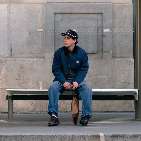 Bus stop, but make it Royal Cheese 📍Tiquetonne Store . Cap - @neweracap Cord Pc Golfer NY Yankees Navy Jacket - @carharttwip OG Detroit Jacket Blue Aged Sweat - @peregrineuk Merino Ford Crew Olive Pant - @ordinaryfits_official Bell Pant Used Blue Bag - @carharttwip x @subu_tokyo_japan Cordura Slippers Hamiltonbrown Slippers - @carharttwip_fr x @subu_tokyo_japan Cordura Slippers Hamiltonbrown Shoes - @paraboot_official Chambord Cafe . . #menswear #royalcheese #royalcheeseparis #shoes #menstyle... Detroit Jacket Outfit, Paraboot Chambord, Detroit Jacket, Olive Pants, Bell Pants, Red Wing Shoes, Navy Jacket, Ny Yankees, Red Wing