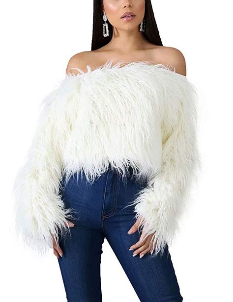 Remelon Women's Faux Fur Pullover Sexy Off Shoulder Long Sleeve Sweaters Shaggy Crop Tops at Amazon Women’s Clothing store Fur Crop Top, Oversized Crop Top, Faux Fur Sweater, Fur Sweater, Women Sweaters Winter, White Faux Fur, Crop Top Sweater, Sweater Fashion, Long Sweaters