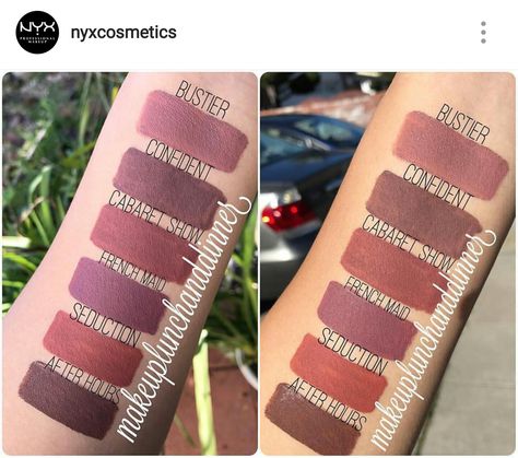 6 of 12 New NYX lip lingerie shades swatched @makeuplunchanddinner Nyx Lip Lingerie, Nyx Lip, Nyx Lipstick, Nyx Makeup, Lip Swatches, Lips Shades, Lipstick Swatches, Makeup To Buy, Makeup Swatches