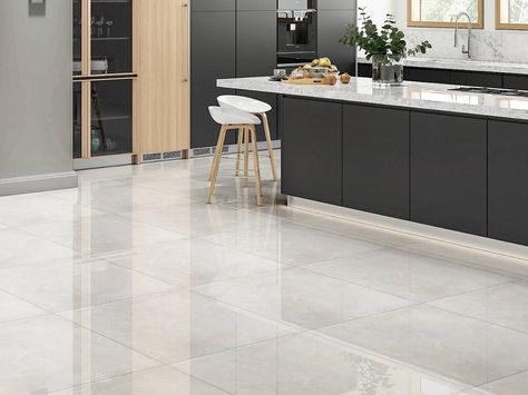 Kitchen Floor Tiles, Extension Kitchen, White Porcelain Tile, Gray Porcelain Tile, Grey Floor Tiles, Tiled Floor, Polished Porcelain Tiles, Farmhouse Remodel, Large Tile