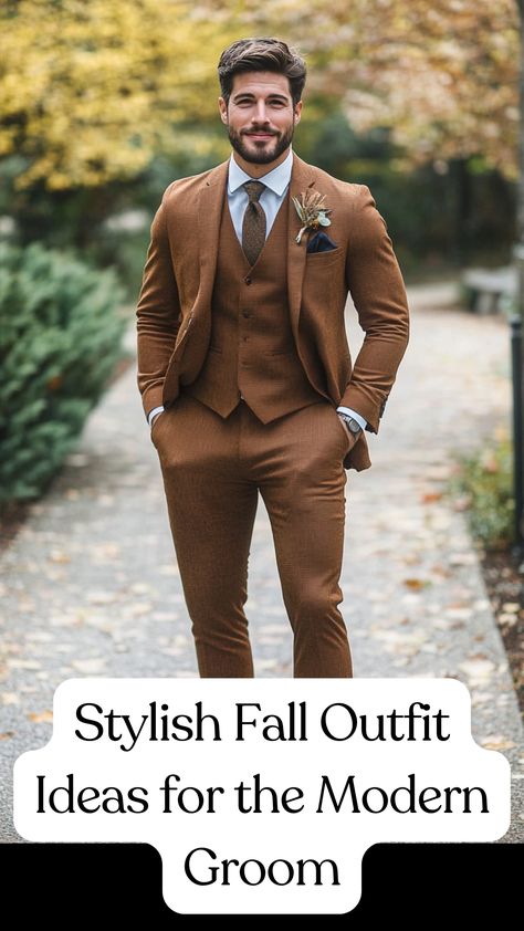 A modern groom wearing a stylish fall outfit, featuring a tailored suit in rich autumn colors, accessorized with a chic tie and elegant shoes, perfect for a fashionable fall wedding. Groom Fall Wedding, Groom Outfit Ideas, Fall Groom, Classic Suits, Modern Groom, Grey Slacks, Timeless Outfits, Stylish Fall Outfits, Groom Looks