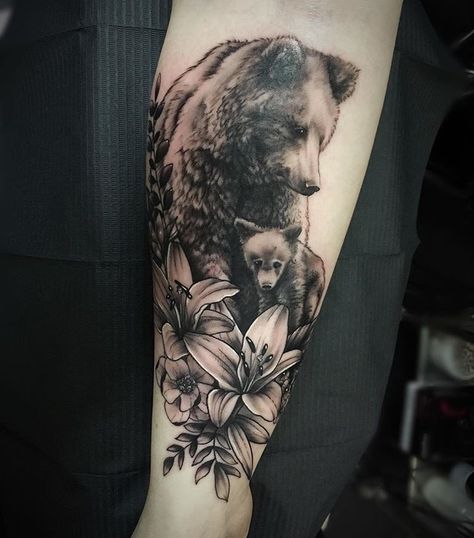 Mother Son Bear Tattoo, Motherhood Tattoos Wolf, Native Bear Tattoos For Women, Mama Bear Sleeve Tattoo, Momma Bear And Cubs Tattoo For Women, Bear Arm Tattoo Women, Bear Tattoo Ideas For Women Sleeve, Bear Tattoo Sleeve Women, Mother Bear And Cubs Tattoo