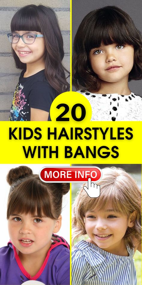 Chic Kids’ Bangs Hairstyles: Curly, Cute, & Easy School Looks Girls Bangstyle Hair Kids, Toddler Hairstyles With Bangs, Girl Hairstyles With Bangs, Girls Haircut With Bangs, Kids Hairstyles With Bangs, Kids Curtain Bangs, Kids Bangs Hair, Black Bobs, Kids Bob Haircut