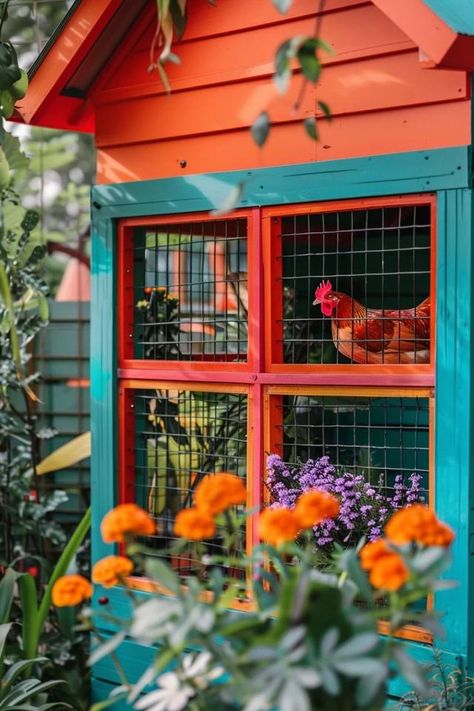 Brighten Your Coop: Chicken Coop Painting Ideas Tropical Chicken Coop, Rainbow Chicken Coop, Yellow Chicken Coop, Backyard With Chicken Coop, Coop Painting Ideas, Purple Chicken Coop, Colorful Chicken Coop Ideas, Decorated Chicken Coop, Creative Chicken Coop