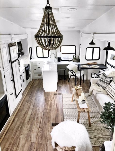 I love the high ceilings in fifth wheels that allow for beautiful chandeliers! Camper Vintage, Glamper Camper, Camping Vintage, Camper Trailer Remodel, Diy Camper Remodel, Rv Makeover, Trailer Living, Travel Trailer Remodel, Rv Renovations