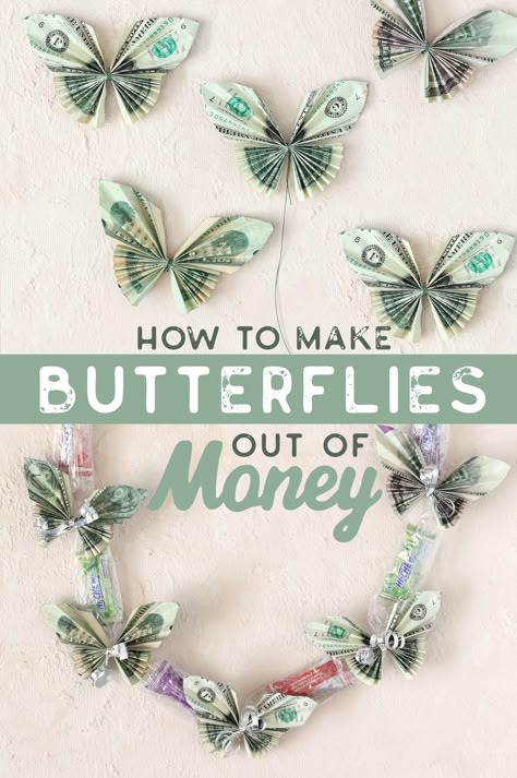 Learn how to fold dollar bills into butterflies. Such a fun way to give money as a gift! Add the butterflies to a graduation lei or to a bouquet of flowers or a houseplant. Money Gifts | Graduation Gifts | Birthday Gifts | Origami | Graduation Money Lei Butterfly, Dollar Bill Butterfly How To Make, Make A Graduation Lei, How To Make A Graduation Lei With Money, How To Put Money On A Lei, Butterfly Money Lei Diy How To Make, Butterfly Dollar Origami, Folded Dollar Bills, Money Candy Lei