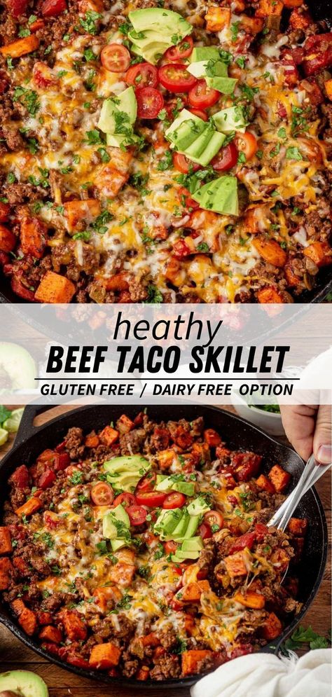 Use one pan to make this healthy taco skillet featuring ground beef, tender sweet potatoes and all the best taco topping. A healthy meal made in one pan will always have my heart. We love this simple dinner because it's packed with protein and veggies. Research shows exercise is more effective for weight management when paired with high-protein foods, like beef. We're even sharing a simple way to make this whole30, paleo and dairy free. #OhioBeef #Partner @ohiobeefcouncil Beef Taco Skillet, Protein Dinner Recipes, Taco Skillet, Healthy Taco, Sweet Potato Tacos, Healthy Ground Beef, High Protein Dinner, Ground Beef Recipes Healthy, Protein Dinner