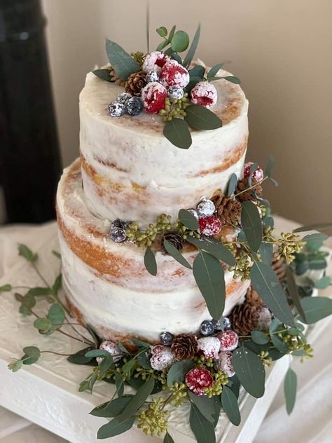 Naked wedding cake with berries rustic Wedding Cake With Berries And Flowers, Cake Decorated With Berries And Flowers, Rustic Wedding Cake With Fruit, Wedding Cake With Frosted Berries, Naked Red Velvet Wedding Cake, Naked Cake With Berries, Berry Wedding Cake, Naked Wedding Cake With Fruit, Cranberry Wedding