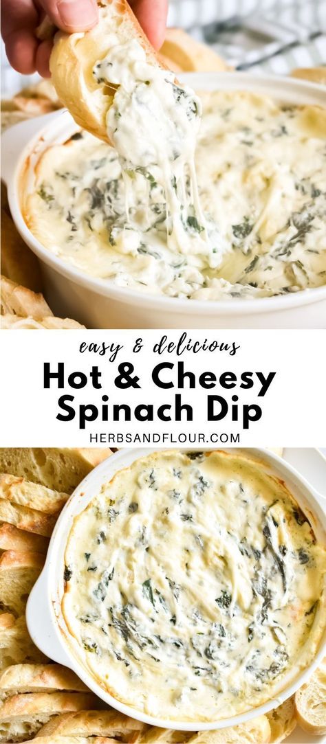 This hot Cheesy Spinach Dip recipe consists of three types of cheeses and fresh spinach baked until melty and gooey. Best of all, this hot spinach dip recipe is easy to make ahead of time and is always a crowd-pleasing appetizer! Healthy Hot Spinach Dip, Three Cheese Spinach Dip, Creamy Cheesy Spinach Dip, Spinach Dip With Fresh Spinach, Hot Dips For Parties Appetizers, Fresh Spinach Dip, Hot Spinach Dip Recipe, Cheesy Spinach Dip, Homemade Spinach Dip