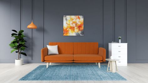 What Color Rug Goes with Orange Couch? (10 Amazing Color Ideas) - roomdsign.com Library Styling, Orange Leather Sofas, Couch Beige, Dream Condo, Sofa Bed For Small Spaces, Different Home Decor Styles, Orange Couch, Leather Sofa Couch, Couches Living