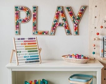 Felt decor | Etsy Alphabet Wall Decor, Rainbow Playroom, Educational Decor, Colorful Playroom, Playroom Signs, Wool Felt Balls, Wooden Wall Signs, Kids Playroom Decor, Playroom Nursery