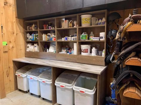 Horse Tack And Feed Room, Horse Stall Interior, Feed Room Organization Horse, Feed Rooms For Horses, Feed And Tack Room Ideas, Horse Brush Organization, Horse Feed Room Organization, Tackroom Organization, Feed Room Ideas