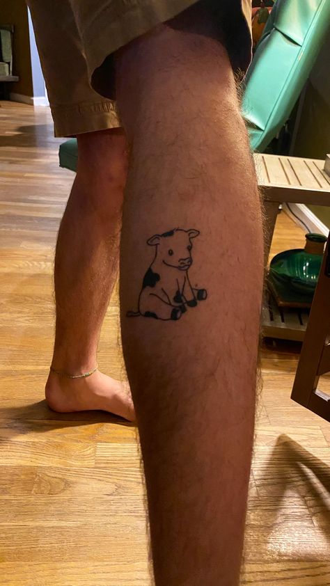 Calf On Calf Tattoo, Calf Cow Tattoo, Tiny Cow Tattoo, Reading Tattoo, Calf Tattoo Men, Cow Tattoo, Tattoos Inspo, Bull Painting, Moo Cow