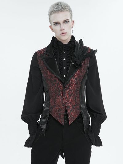 Wine Red Gothic Retro Feather Party Swallowtail Waistcoat for Men 18th Century Gothic Fashion, Men Red And Black Outfit, Black And Red Clothing, Dark Clothes Men, Emo Prom Suit, Vampire Clothes Men, Victorian Mens Fashion Aesthetic, Male Whimsigoth, Male Goth Outfits