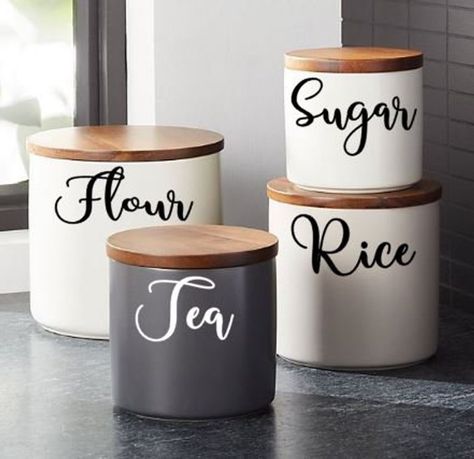 Stay organized with personalized labels for your kitchen containers! Labels come in many different sizes, fonts, and colors. Any word or words can be used! Pantry Decal, Wooden Canisters, Kitchen Decal, Canister Labels, Pantry Decor, Kitchen Decals, Wine Glass Decals, Storage Labels, Kitchen Stickers