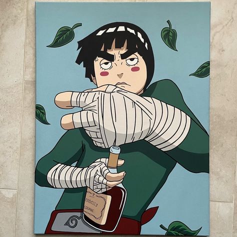 Anime Painting Acrylic Canvas, Rock Lee Painting, Anime Canvas Painting Easy, Naruto Painting Ideas On Canvas, Anime Painting Ideas, Anime Paintings Canvases, Shikamaru Painting, Anime Painting Acrylic, Green Aesthetic Outfit