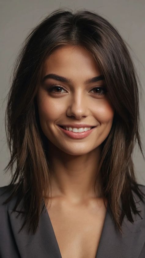 Layered Bobs & Fringe Finesse: 15 Mid-Length Hairstyles You’ll Adore** ** - Inspire Inlet Mid Length Hair Layers Straight, Thick Mid Length Hair Styles, Short Hair Mid Size Woman, Mid Length Haircut With Layers Straight, Brunette Hair 2024 Fall, Short Brown Haircuts For Women, Medium Length Haircut For Thick Coarse Hair, Just Below The Shoulder Length Hair, Layered Lob For Fine Hair