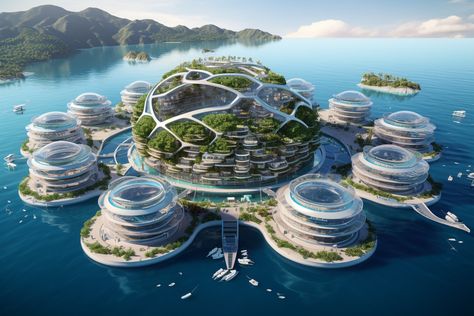 Maritime Hotel, Floating Architecture, Sci Fi Architecture, Resort Architecture, Space Ship Concept Art, Future Buildings, Eco City, Sci Fi City, Ceiling Murals