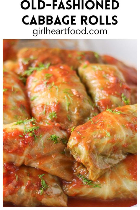 These easy old-fashioned cabbage rolls are so tasty and ultra comforting! Cabbage leaves are stuffed with a seasoned ground beef mixture, topped with tomato sauce and baked. So hearty and delicious! #easycabbagerollrecipe #howtomakecabbagerolls #stuffedcabbagerollsrecipe #bestcabbagerolls #bakedcabbagerolls #easystuffedcabbagerolls #oldfashionecabbagerolls #stuffedcabbageleaves Best Cabbage Rolls Recipe, Polish Cabbage, Easy Cabbage Rolls, Easy Stuffed Cabbage, Stuffed Cabbage Rolls, Cabbage Rolls Recipe, Stuffed Cabbage, Cabbage Leaves, Cabbage Rolls