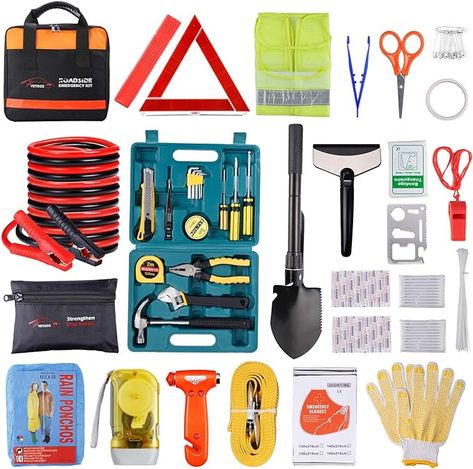 Amazon.com: Vetoos Car Roadside Emergency Kit with Jumper Cables, Auto Vehicle Safety Road Side Assistance Kits Starter Repair Kit, Winter Car Kit Essentials for Men and Women, with Folding Survival Shovel : Automotive Car Kit Essentials, Winter Car Kit, Survival Shovel, Car Safety Kit, Safety Road, Roadside Emergency Kit, Car Tool Kit, Emergency Blanket, Car Emergency Kit