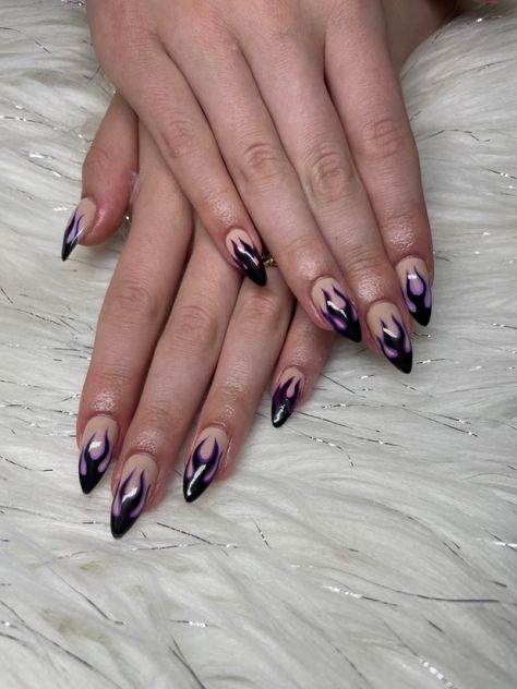 Acrylic Nails Dark Purple Design, Purple And Black French Nails, Lilac Flame Nails, Dark Purple Nails Ideas Almond, Flame Nails Purple, Black Lilac Nails, Purple And Black Prom Nails, Purple Flames Nails, Dark Purple French Tip Nails Almond