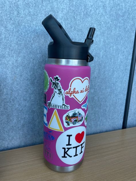 pink yeti with assorted stickers Yeti Water Bottle Stickers, Yeti Water Bottle Aesthetic, Yeti Aesthetic, Pink Yeti, Water Bottle Art, Yeti Cooler, Yeti Cup, Sticker Bomb, Water Bottle Stickers