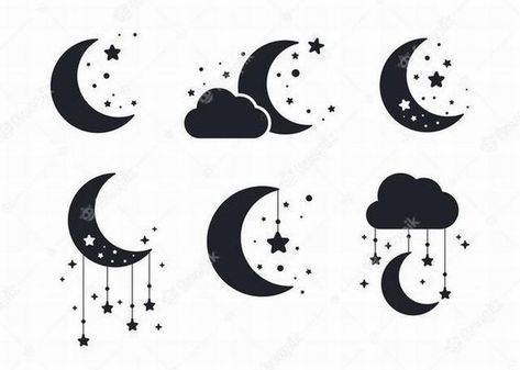 Silhouette of the crescent moon and stars in the night sky isolated on background Premium Vector Clouds And Stars Tattoo, Iphone Icon Aesthetic, Stars In The Night Sky, Night Sky Moon, Fantasy Star, Aesthetic Moon, Star Logo Design, Moon Vector, Star Silhouette