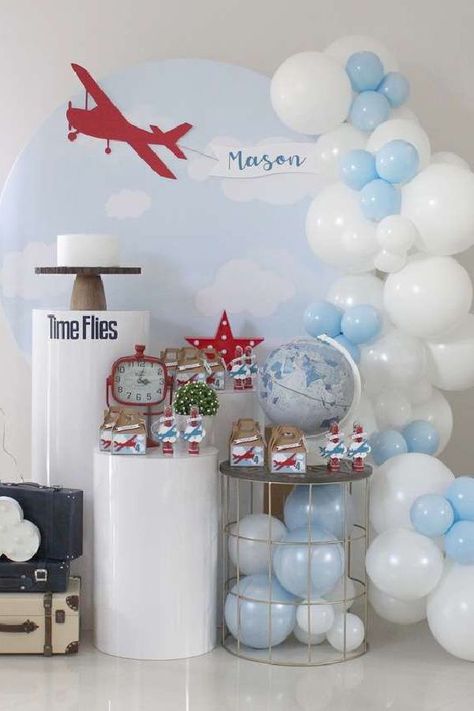 Check out this awesome airplane birthday party! The balloon decorations are wonderful! See more party ideas and share yours at CatchMyParty.com #catchmyparty #partyideas #airplanes #airplaneparty #boybirthdayparty Airplane Themed Party, Aeroplane Party, Airplane Themed Birthday Party, Airplane Birthday Decorations, Airplane Birthday Theme, Airplane Party Theme, Vintage Airplane Birthday Party, Airplane Birthday Party Decorations, Plane Birthday