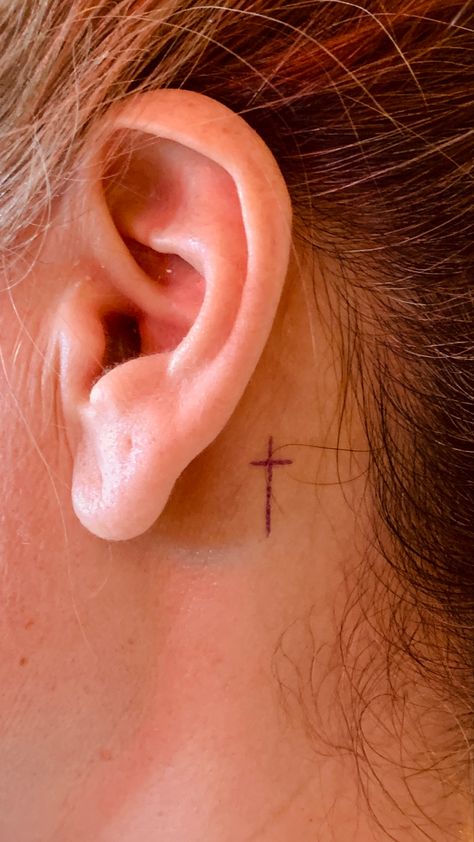 Feminine tattoo very sexy Tiny Cross Behind Ear Tattoo, Tattoos For Behind The Ear, Cross Tattoo Behind Ear, Cross Behind Ear, Cross Behind Ear Tattoo, Small Dainty Tattoos, Simple Cross Tattoo, Behind Ear Tattoos, Tiny Tats