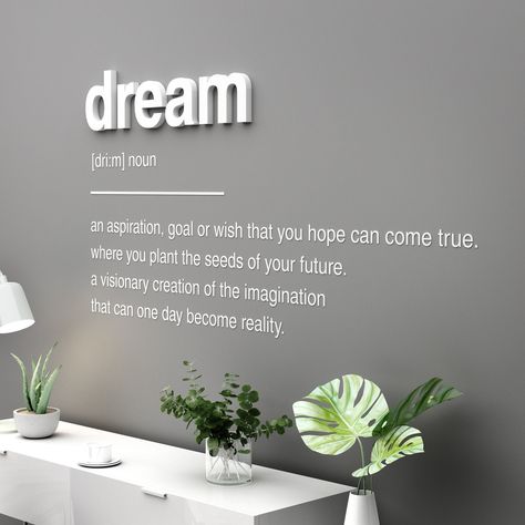 Dream Definition Wall Decal - Wall Sticker - Quote Wall Art - Wall Vinyl - Home Decor ---------------------------------LINKS--------------------------------- To view more Art that will look gorgeous on Your Walls Visit our Store: https://www.etsy.com/shop/homeartstickers For more Quotes & Phrases visit: https://www.etsy.com/shop/HomeArtStickers?section_id=26394381 -------------------------PRODUCT DETAILS------------------------- MATERIAL: - Vinyl (Consult the color chart available in the gallery to choose the color of the vinyl) - White, Black or Grey PVC - It is very lightweight so it can be hung up with double-sided adhesive tape or other kinds of glue, like a liquid nail for a definitive solution. DIMENSIONS: 120 x 66 cm | 47.24 x 25.98 inches (width x height) Picture may not be an actu Dream Definition, Wall Phrases, Break Wall, Wall Stickers Quotes, Raised Letters, Liquid Nails, Wall Vinyl Decor, Double Sided Adhesive Tape, Wall Vinyl