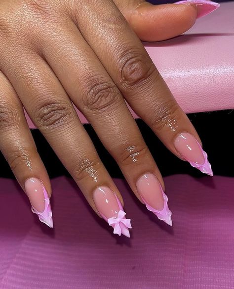 Cute Acrylic Nails For Birthday, Gel Nail Inspo French Tip, Pink French Almond Nails Design, French Almond Nails Design White, Almond Nails For Birthday, Cute French Tip Nails Almond, French Tip Nail Aesthetic, Birthday Nail Designs Almond, Almond Nail Ideas Pink