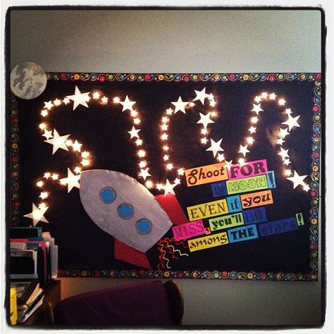 Space Bulletin Boards, Up Bulletin Board, Space Theme Classroom, November Bulletin Boards, Door Bulletin Boards, Reading Cafe, Classroom Boards, Space Classroom, Owl Classroom