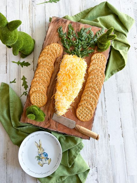 Carrot Shaped Cheese Ball with bunny plates Easter Themed Cheese Ball, Bunny Cheese Ball, Carrot Shaped Cheese Ball, Carrot Cheese Ball, Easter Cheese Ball, Shaped Cheese Ball, Easter Charcuterie Board, Bunny Cinnamon Rolls, Easter Charcuterie