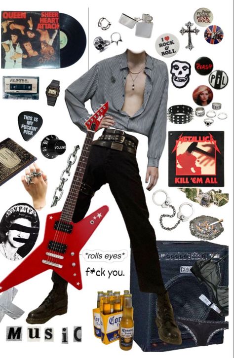 Punk Rock Outfits Men 80s, Rocker Fits Men, Star Punk Aesthetic, Post Punk Revival Fashion, Glam Rock Outfit Men 80s, 80s Rock Fashion Men 1980s Style, Rock And Roll Aesthetic Outfit Men, 80s Outfits Men 1980s Style Rock, Concert Outfit Metallica