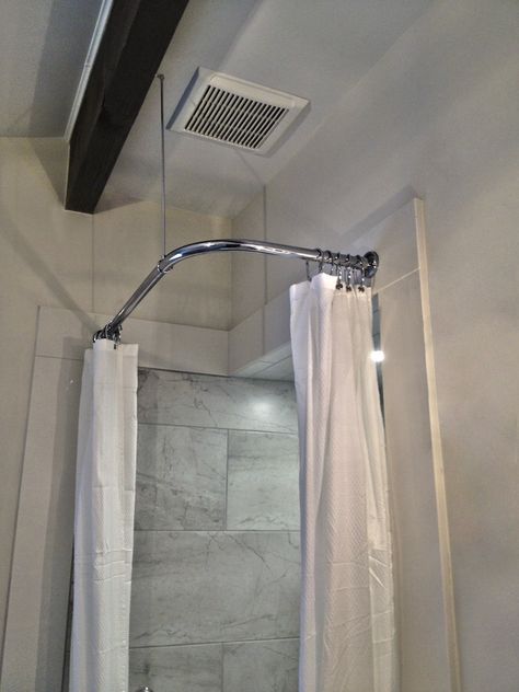 Corner Shower Rod with Heavy Round Brackets and Swivel Ceiling Support in Polished Chrome finish and Double Shower Curtains. Double Shower Curtains, Corner Shower Curtain Rod, Double Shower Curtain, Tiny Bath, Rustic Bath, Bathroom Showers, Shower Rods, Custom Rods, Double Shower