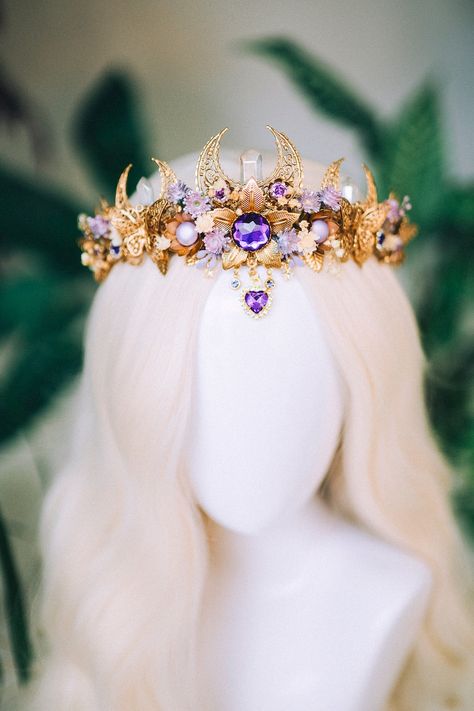 Lavender Flower Crown, Flower Headpiece, Gold Crown, Bridal Crown, Wedding Headpiece, Purple Flower Crown, Fairy Crown, Crystal Crown - Etsy Fairy Headpiece Diy, Flower Crown Fairy, Lavender Flower Crown, Purple Flower Crown, Crown Fairy, Mermaid Crowns, Fairy Headpiece, Fairycore Fashion, Fantasy Crown