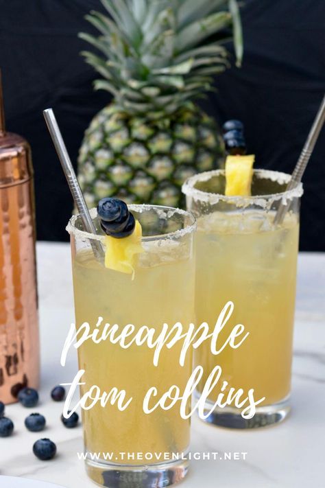 Pineapple Tom Collins | Incredibly sweet and simple recipe | pineapple juice, seltzer water and gin. #tomcollins #pineapple #summerdrink Pineapple Juice Cocktails Non Alcoholic, Whiskey Pineapple Cocktail, Pineapple Gin, Gin And Pineapple Cocktail, Pineapple Gin Cocktail Recipes, Pineapple Gin Cocktail, Gin Punch Recipe, Pineapple Basil Cocktail, Gin Mixed Drinks