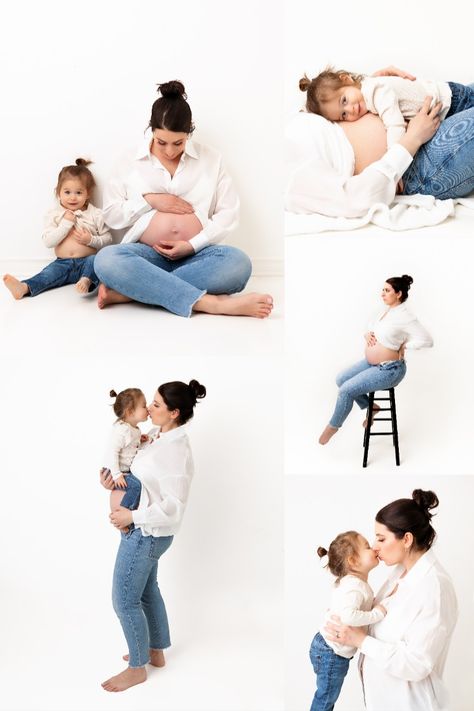 Maternity portraits of expecting mom and daughter. Studio Maternity Shoot Diy, Indoor Maternity Photography With Siblings, Maternity Photo Shoot Ideas Indoor Family, Self Portrait Maternity, Maternity Photo Shoot Ideas Studio Family, Maternity Mommy And Me, Studio Maternity Shoot Plus Size, Family Maternity Pictures Indoor, Mother Daughter Maternity Shoot