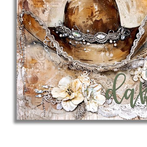 The Dakota Canvas, where rustic charm meets Western flair with a beautifully detailed cowboy hat adorned with lace, beads, and florals—perfect for adding some country soul to your space! #DakotaCanvas #WesternArt #CowboyStyle #RusticDecor #HomeDecor #CanvasArt #WallArt #InteriorDesign #ArtLovers #CountryLiving #VintageVibes #ArtisticVibes #HomeStyle #UniqueArt #WesternDecor #DecorGoals #CountryCharm #ArtOnWalls #LivingSpace #DecorInspo #CanvasLove Dakota Name, Brown Cowgirl Hat, Rustic Artwork, Western Rustic, Name Canvas, Cowgirl Hat, Personalized Canvas, Western Cowgirls, Personalised Canvas