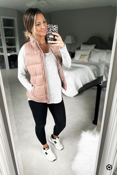 Taupe Tennis Shoes Outfit, Simple Fall Outfits Leggings, Maternity Puffer Vest Outfit, Tennis Shoes With Work Clothes, How To Dress Up Tennis Shoes For Work, Puffer Vest Outfit For Work, New Balance Tennis Shoes Outfit, Sweater And Tennis Shoes Outfit, Dressy Outfits With Tennis Shoes