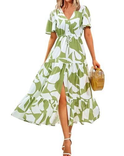 Zenlonr Women Summer Dresses 2024 Casual Short Sleeve V Neck Split Maxi Dress Button Drawstring Beach Long Dress Beach Long Dress, Women Summer Dresses, Long Beach Dress, Split Maxi Dress, Dresses 2024, Button Dress, Casual Summer Dresses, Summer Dresses For Women, Boho Chic