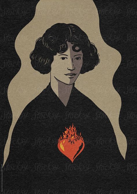 Monochromatic illustration of a woman with heart on fire, symbolically representing the flames of love. The artwork is finished with fine textures for best enjoyment in high resolution. Fire Illustration Draw, Monochromatic Illustration, Heart Organ, Heart Fire, Heart On Fire, Heart Illustration, Human Heart, Tarot Art, True Art