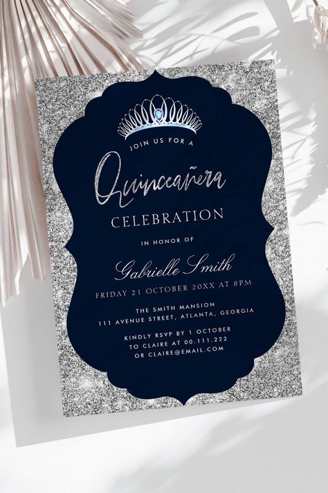 Elegant navy and silver Quinceanera invitation Navy And Silver Quinceanera, Crown Watercolor, Elegant Birthday Invitations, Quinceanera Crown, Blue Quince, Quinceanera Invitation, Sweet Sixteen Invitations, Invitation Elegant, Silver Tiara