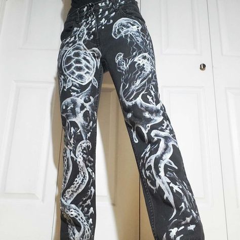 Unique Levi's skinny black underwater ocean themed hand painted jeans 511 28 28 Pants Art Design, Black Jeans Diy Paint, Skeleton Bleached Jeans, Horror Painted Jeans, Bleached Jeans Aesthetic, Trouser Painting Ideas, Bleached Black Jeans Design, Paint On Black Jeans, Bleach Pants Ideas Black