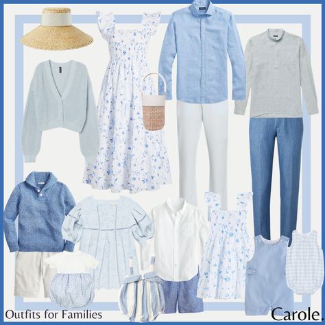 Beach Photo Outfit Ideas Family Blue, Light Blue Family Pictures, Baby Blue Family Pictures Outfits, Summer Family Picture Outfits Blue, Nantucket Family Photos, Blue And White Photoshoot, Family Photos Blue And White, Family Easter Outfits 2023, Blue And White Beach Pictures Family