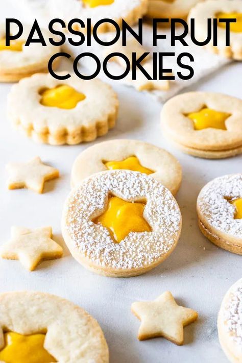 Passion Fruit Cookies #passionfruit #cookies #linzer #christmascookies #christmasbaking #cookieexchange #holidaybaking #cookiebaking #tropical #curd #passionfruitcookies #piesandtacos #cookiesandwich Passion Fruit Filling Recipe, Passionfruit Cookies, Passion Fruit Cookie Recipes, Passion Fruit Baking, Passion Fruit Curd Desserts, Passion Fruit Filling, Passionfruit Dessert, Food Calendar, Fruit Curd